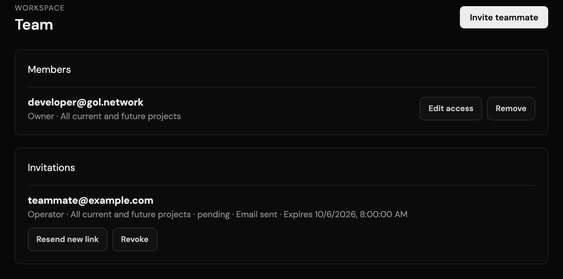 Team page showing an Owner and a pending Operator invitation
