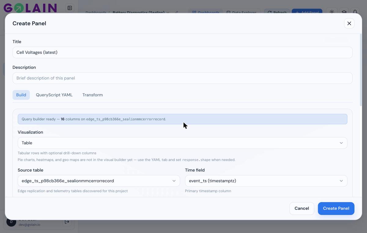 Build tab with a source table selected
