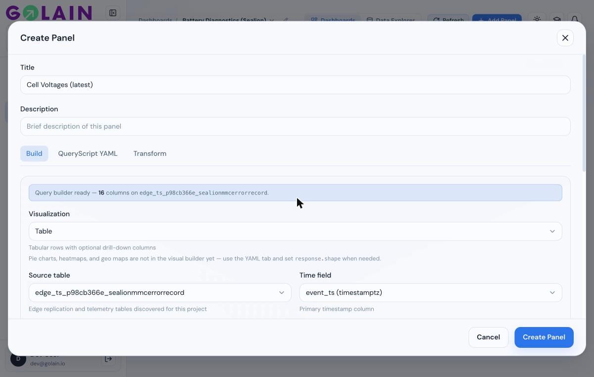Build tab with a source table selected
