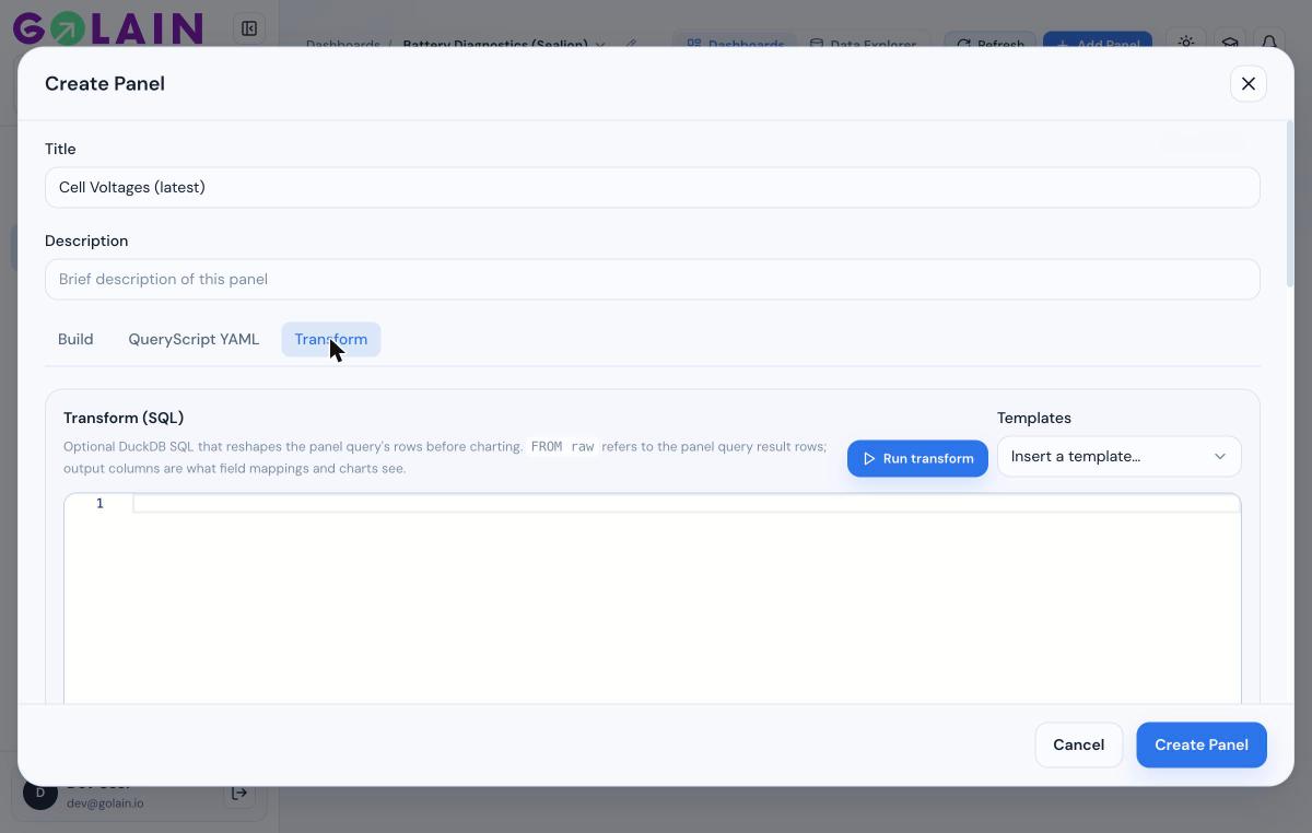 Empty Transform tab showing the SQL editor, Run transform button, and Templates dropdown