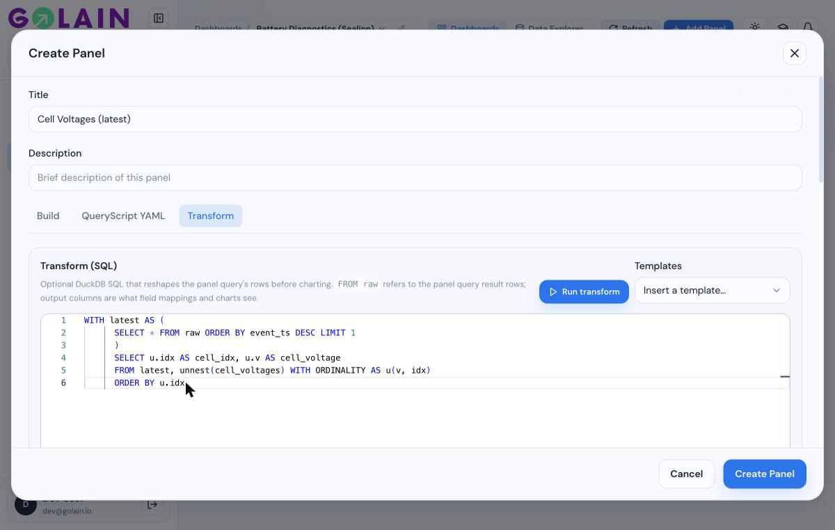 Transform SQL editor with the unnest-array latest-record query