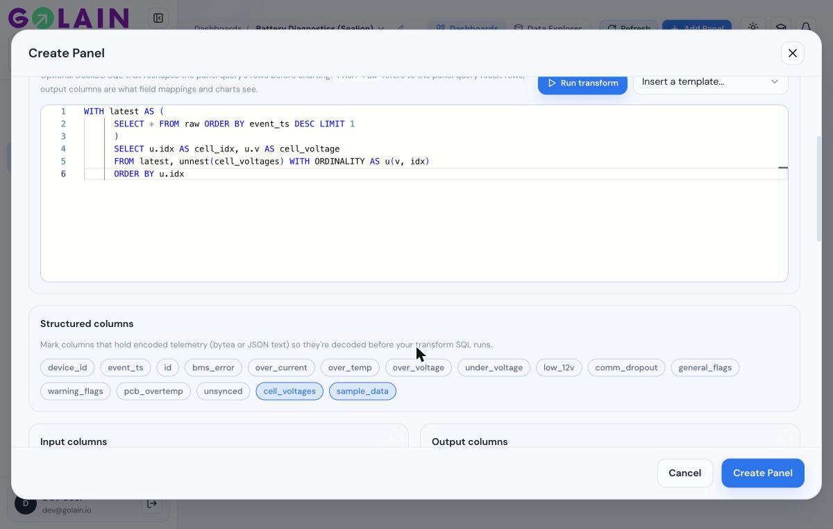 Structured columns section with cell_voltages and sample_data auto-marked