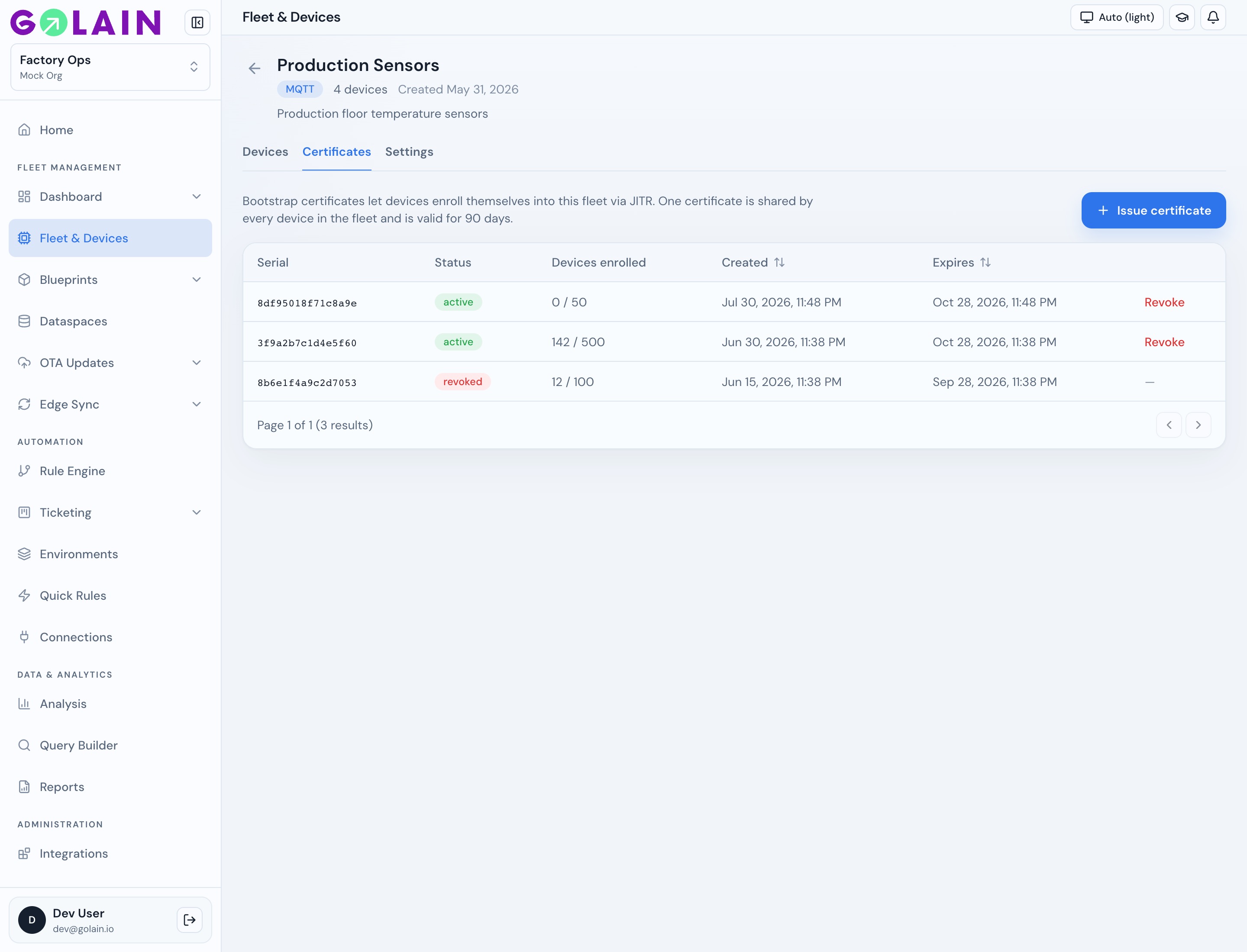 Certificates tab listing bootstrap certificates with Issue certificate button