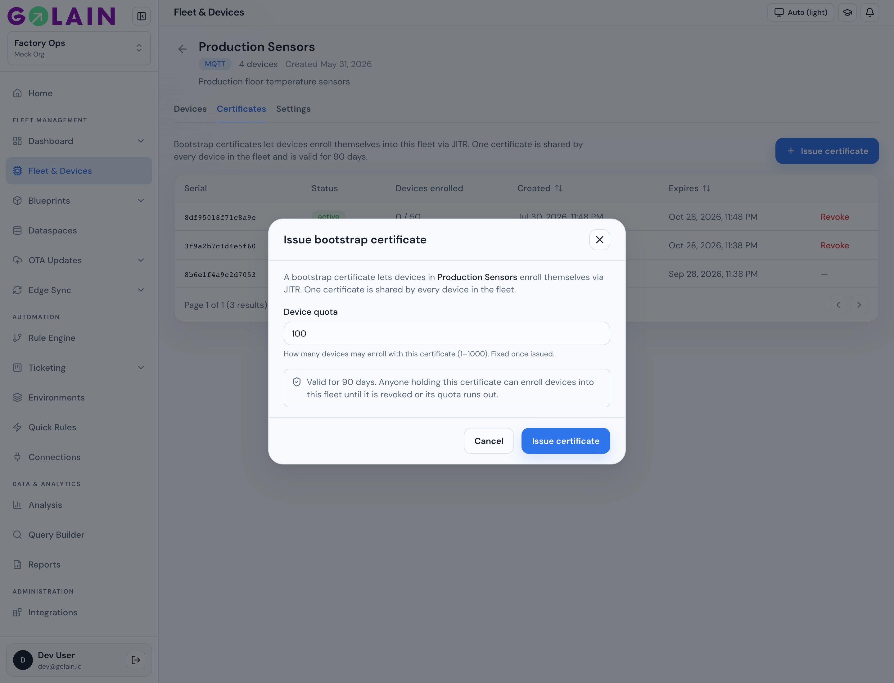 Issue bootstrap certificate modal with device quota field