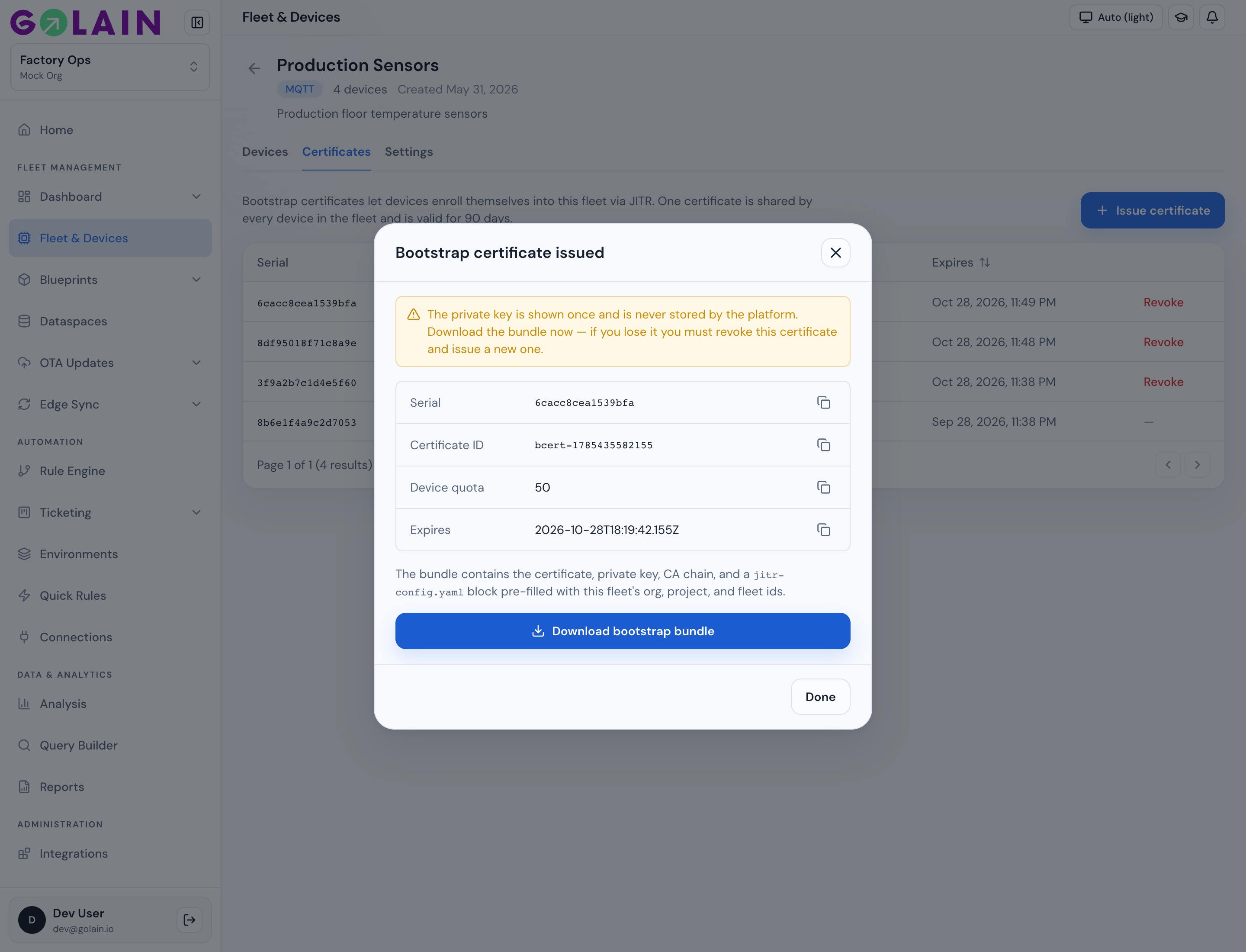 Bootstrap certificate issued modal with Download bootstrap bundle button