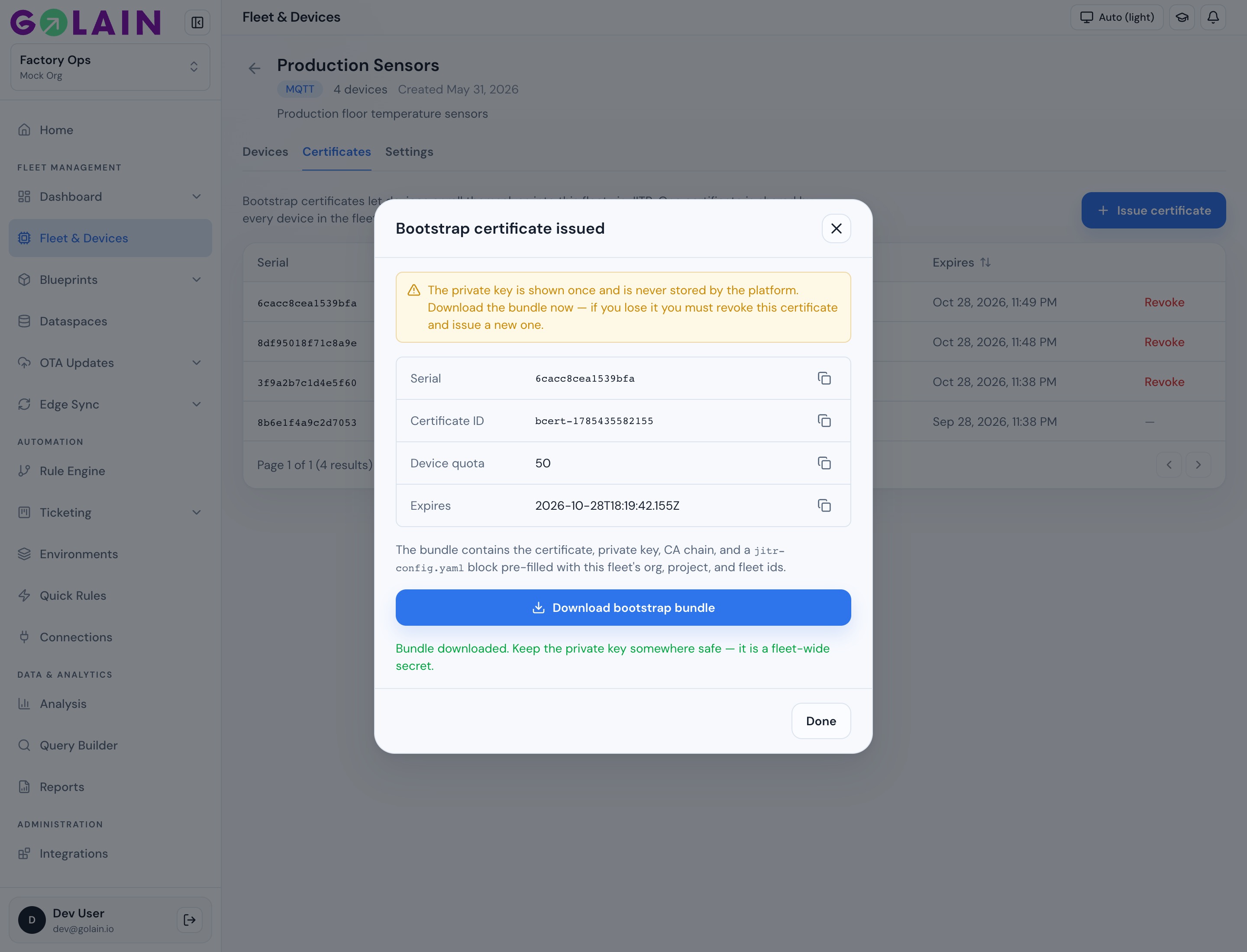 Issued modal after bundle download confirmation