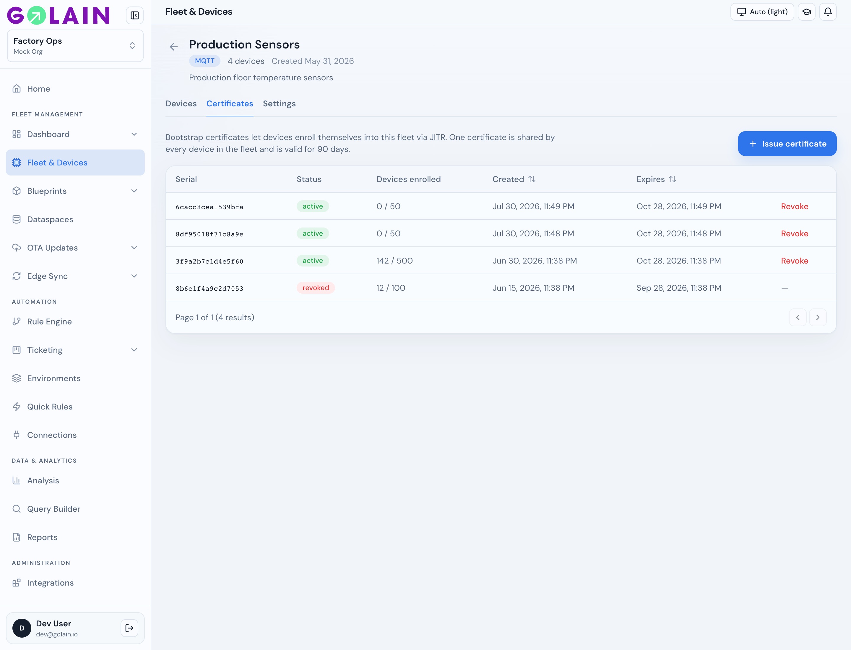 Certificates table with active bootstrap certificate and Revoke action