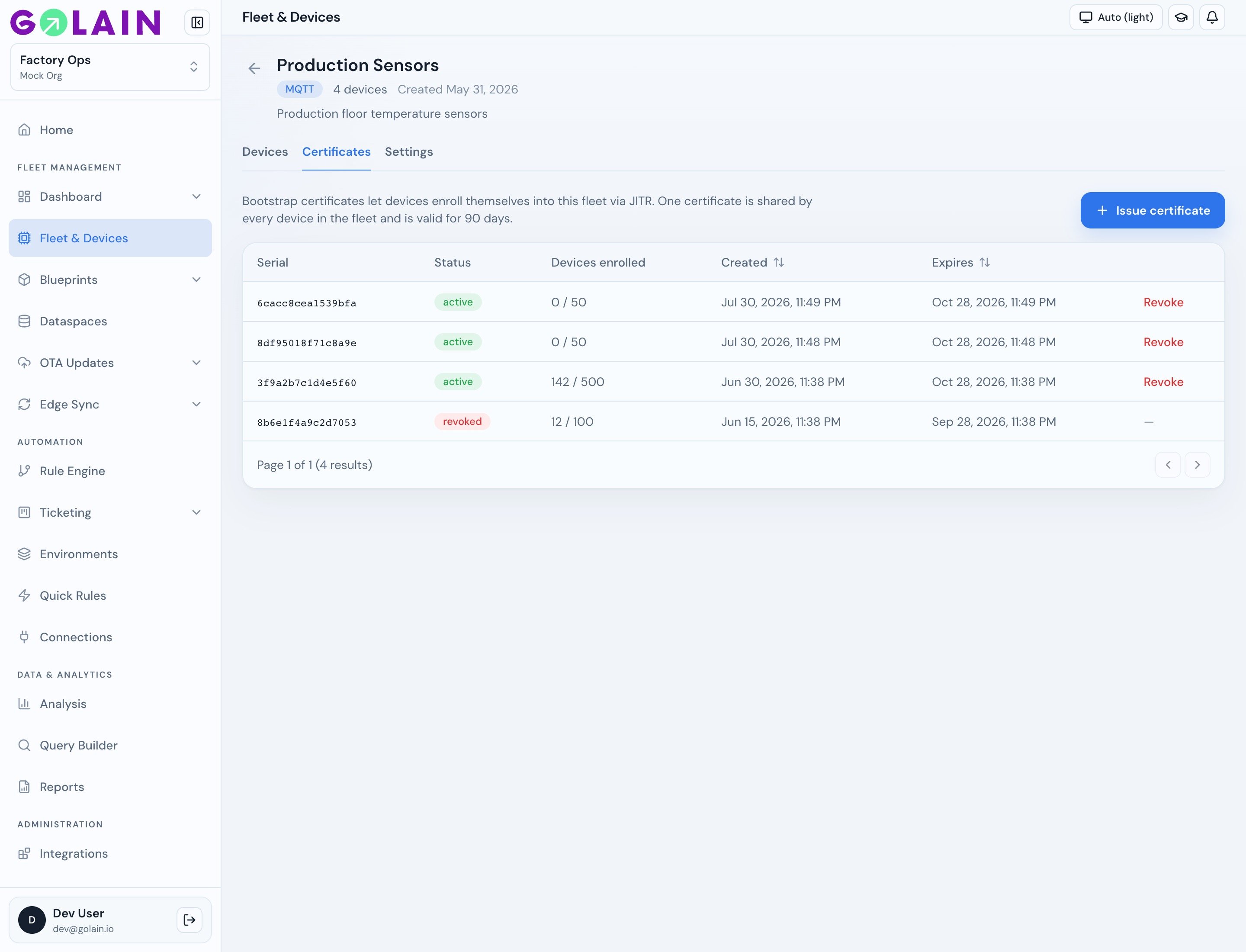 Certificates table with active bootstrap certificate and Revoke action