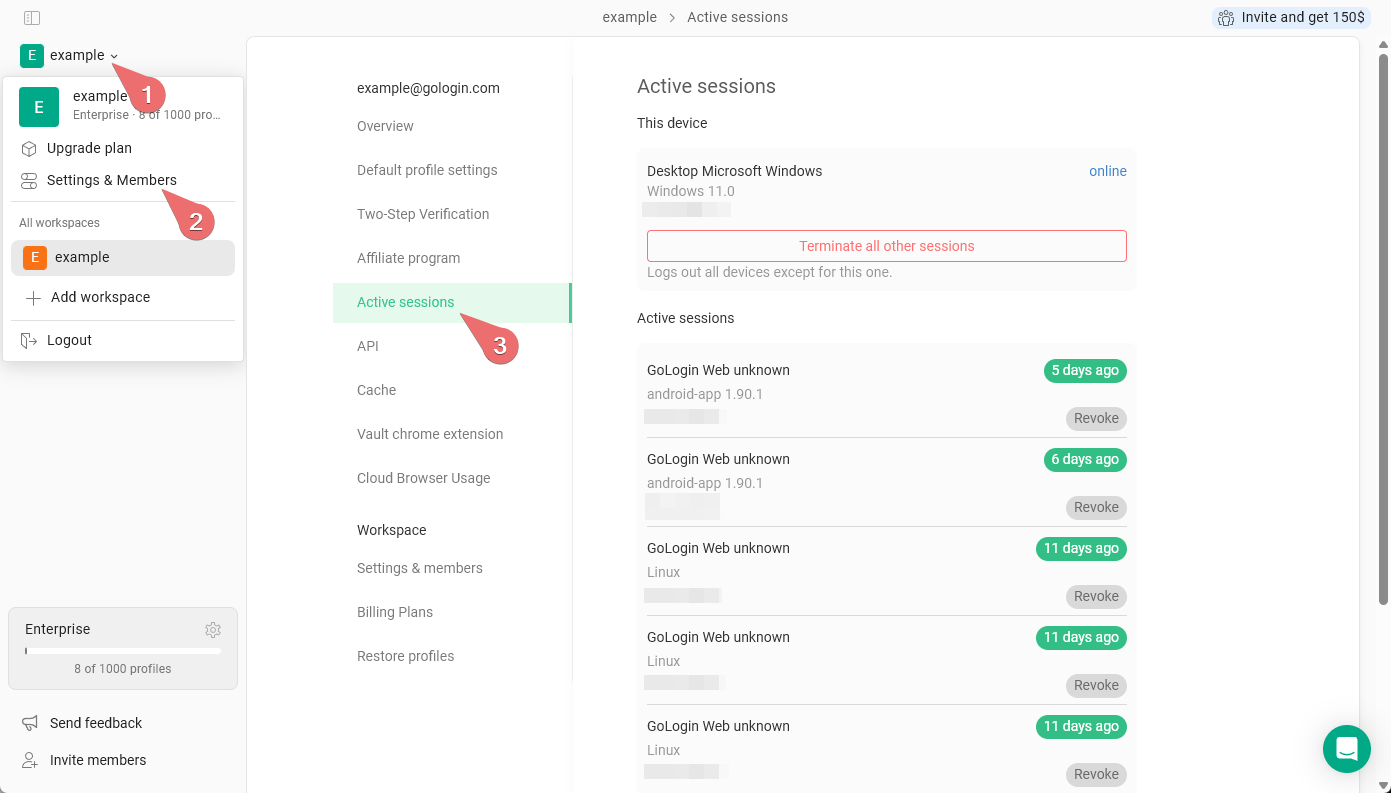 Active sessions - Gologin documentation
