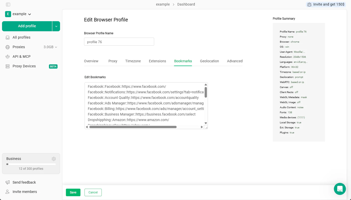 Settings Bookmarks