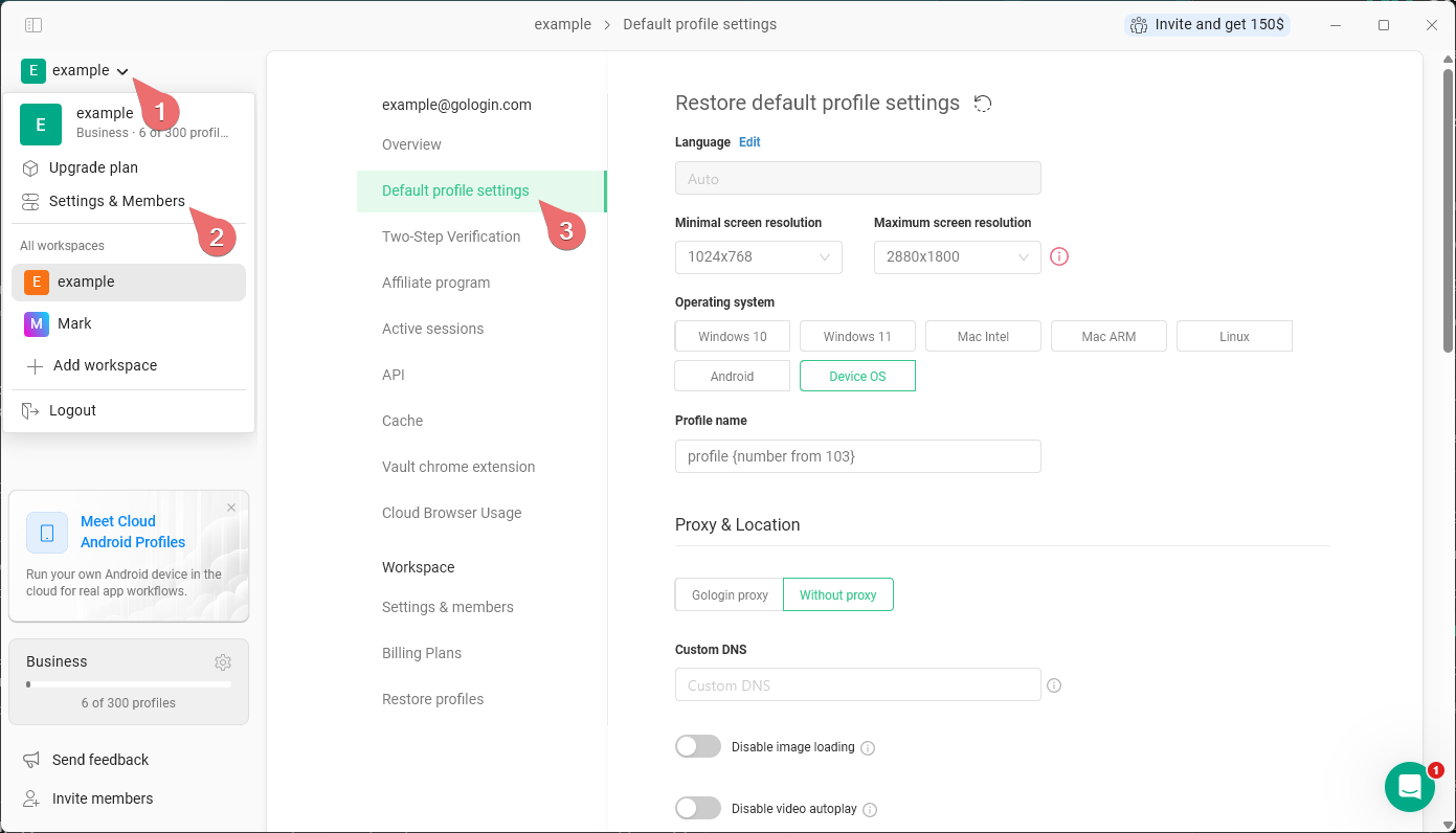 Default Profile Settings
