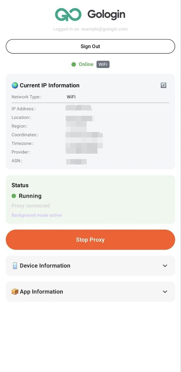 Gologin Devices Proxy Running