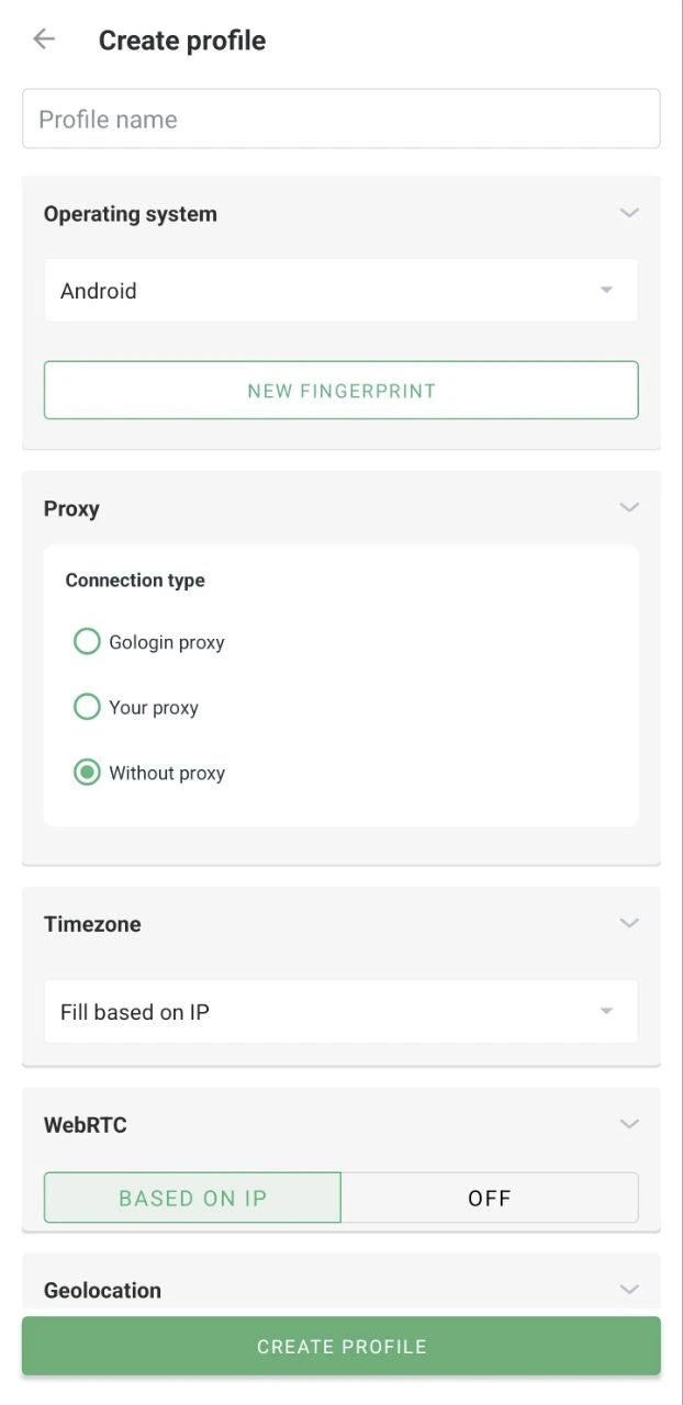 Gologin Android Create Profile