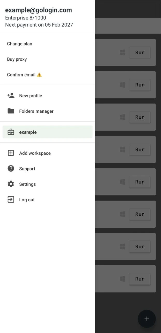 Gologin Android Main Menu