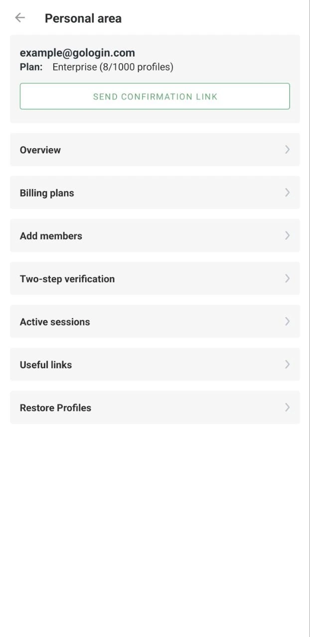 Gologin Android Personal Settings