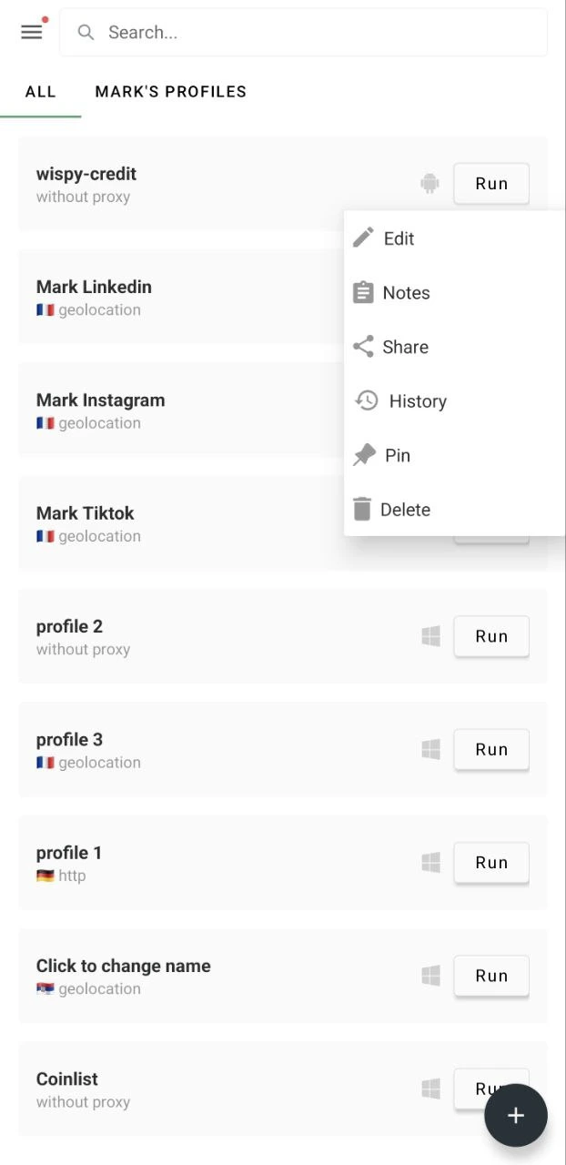Gologin Android Profile Context Menu