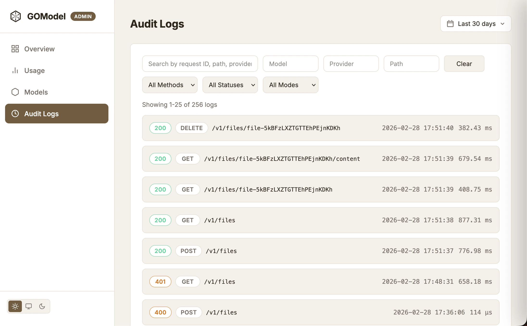 GoModel AI gateway audit logs dashboard