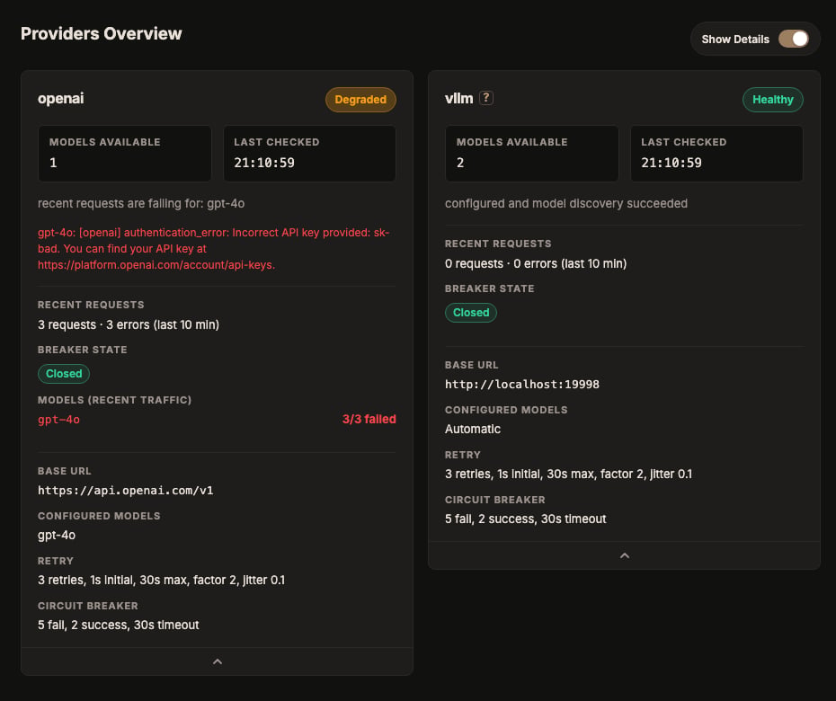 GoModel dashboard Providers Overview with a Degraded openai card showing a failing model and a Healthy vllm card