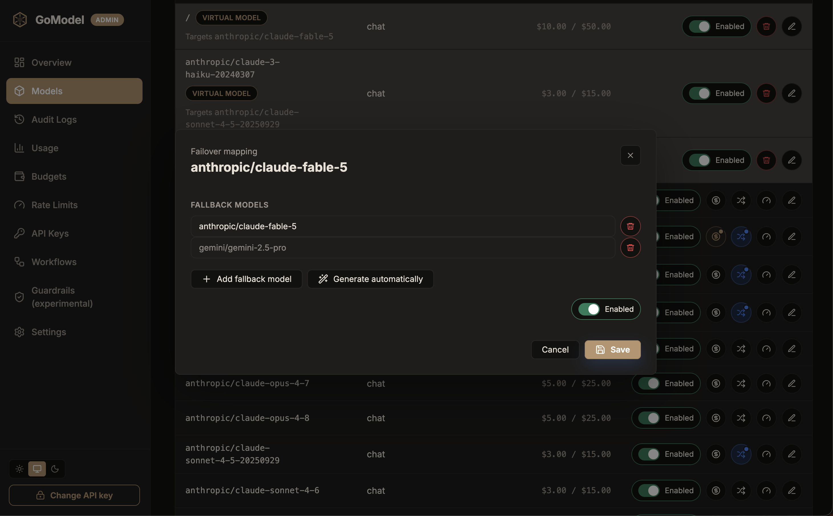 GoModel dashboard failover mapping editor for a model, showing an ordered fallback model list, Add fallback model and Generate automatically buttons