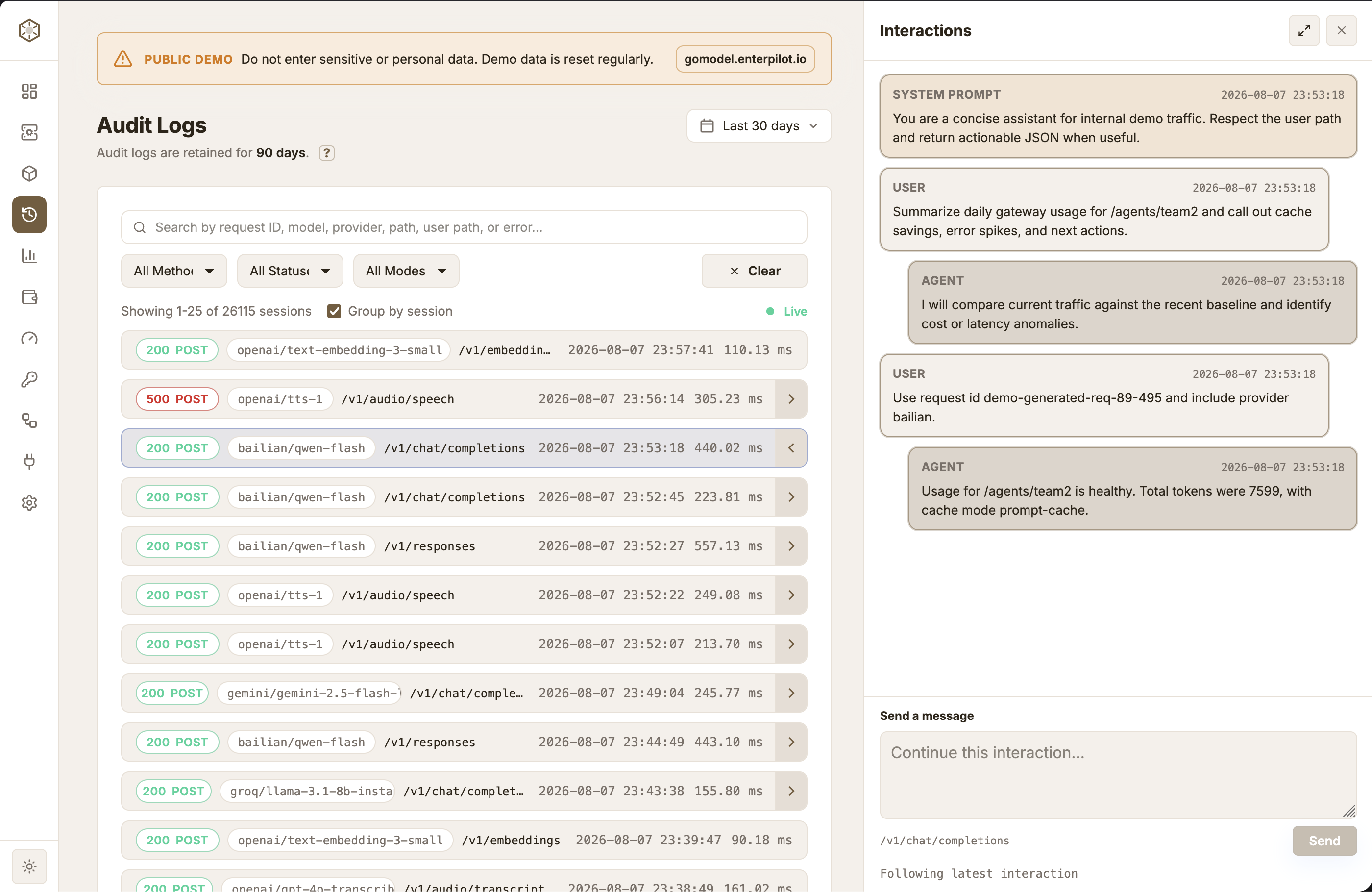 GoModel AI gateway audit logs dashboard