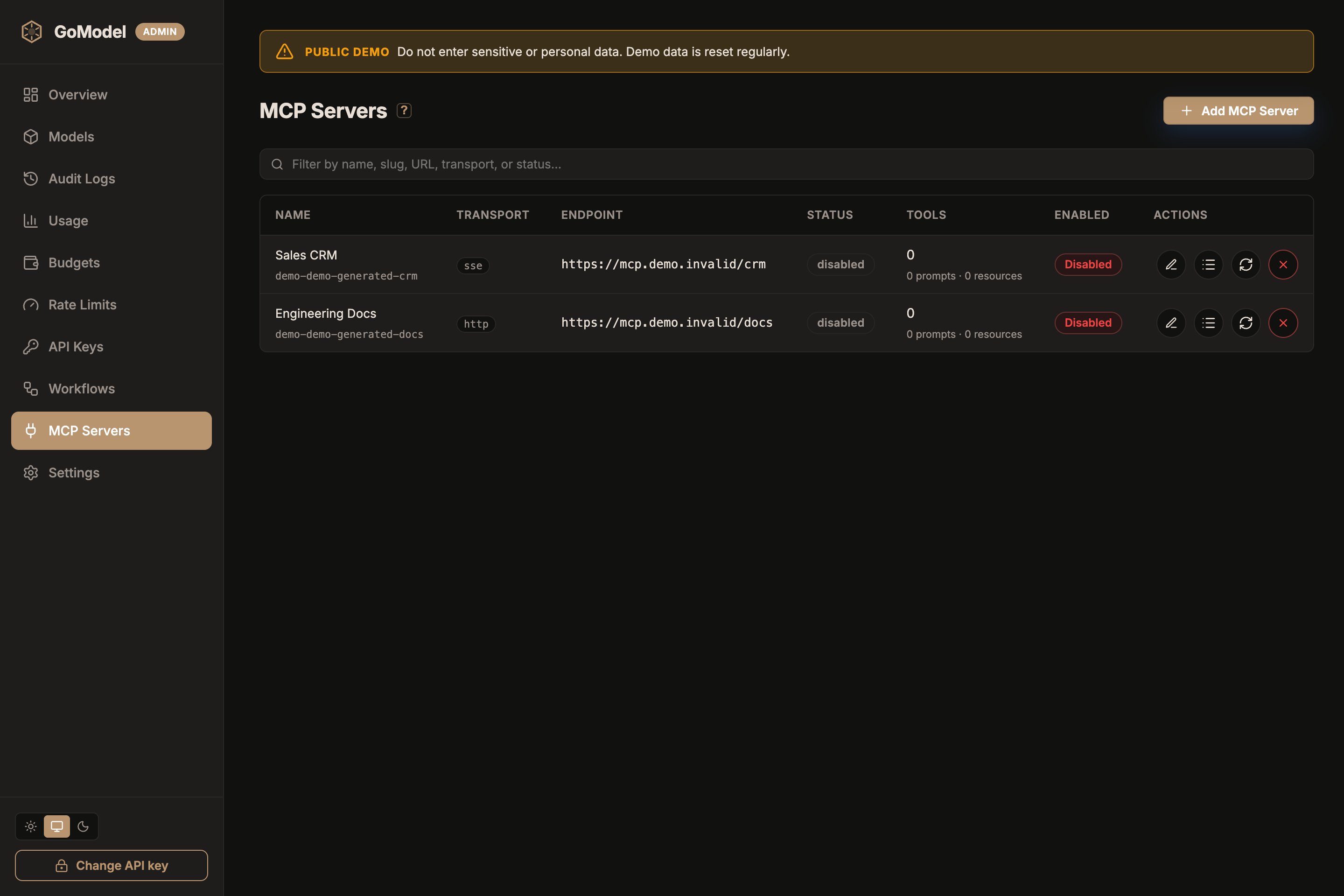 GoModel dashboard MCP Servers page listing two servers with their transport, endpoint, status, tool count, and enabled toggle