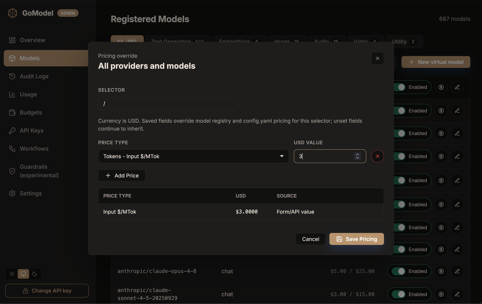 GoModel Pricing override editor showing the selector, an Input dollars-per-MTok price type, and its USD value
