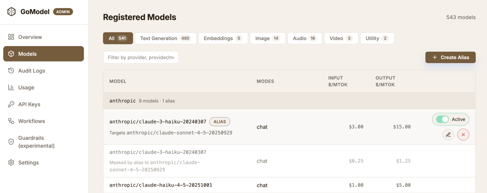 GoModel dashboard models page with the New virtual model button and an active redirect row