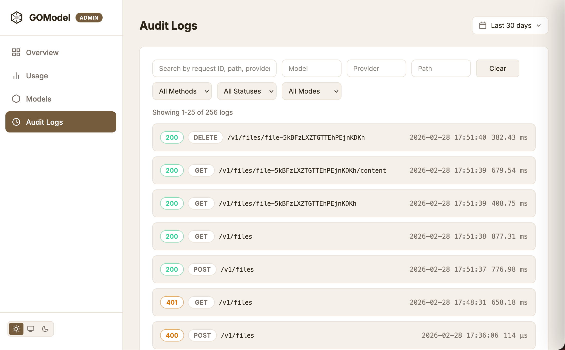 GoModel AI gateway audit logs dashboard