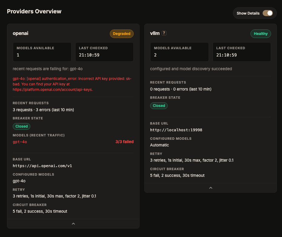 GoModel dashboard Providers Overview with a Degraded openai card showing a failing model and a Healthy vllm card