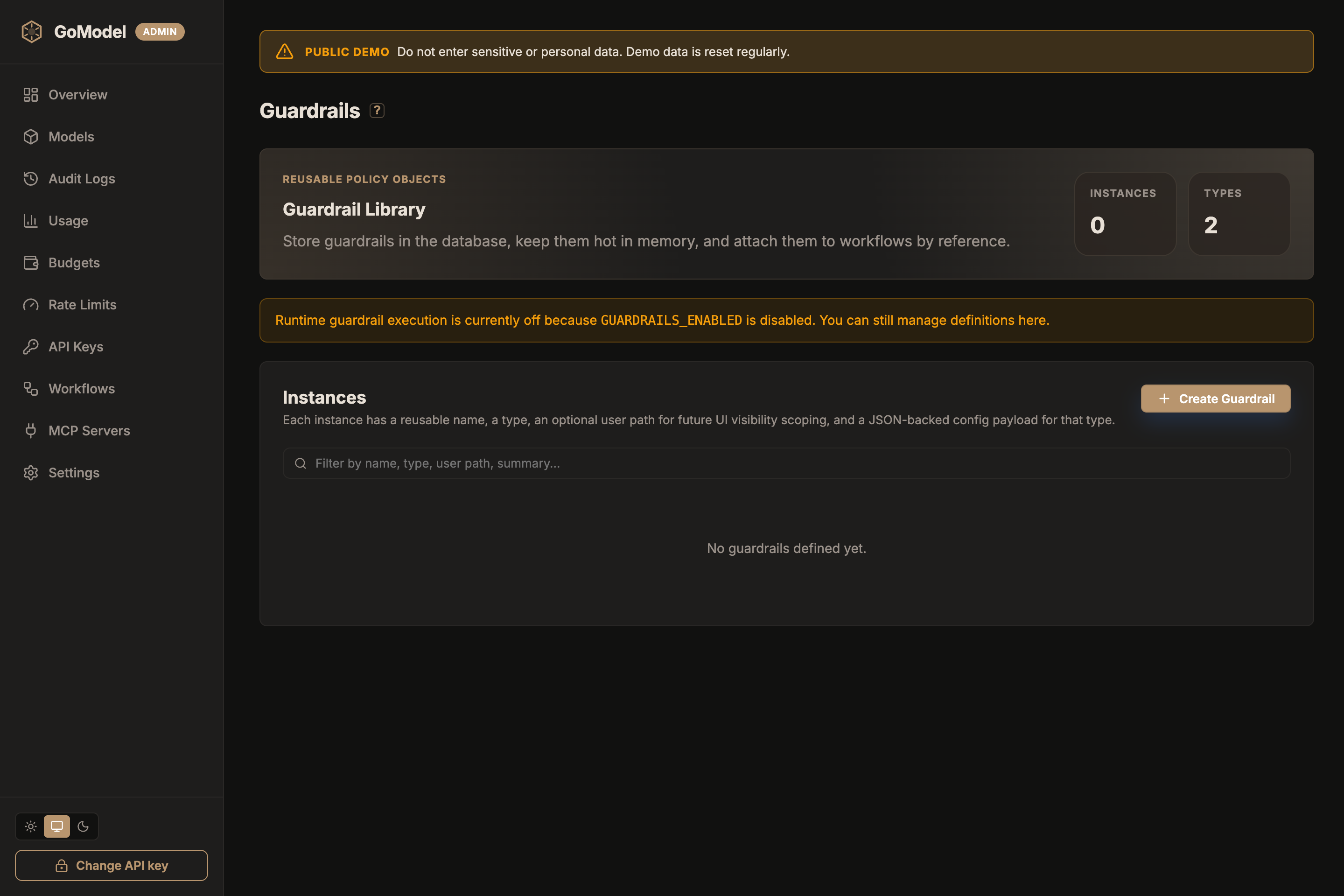 GoModel dashboard Guardrails page with a Guardrail Library summary card and an empty Instances list with a Create Guardrail button