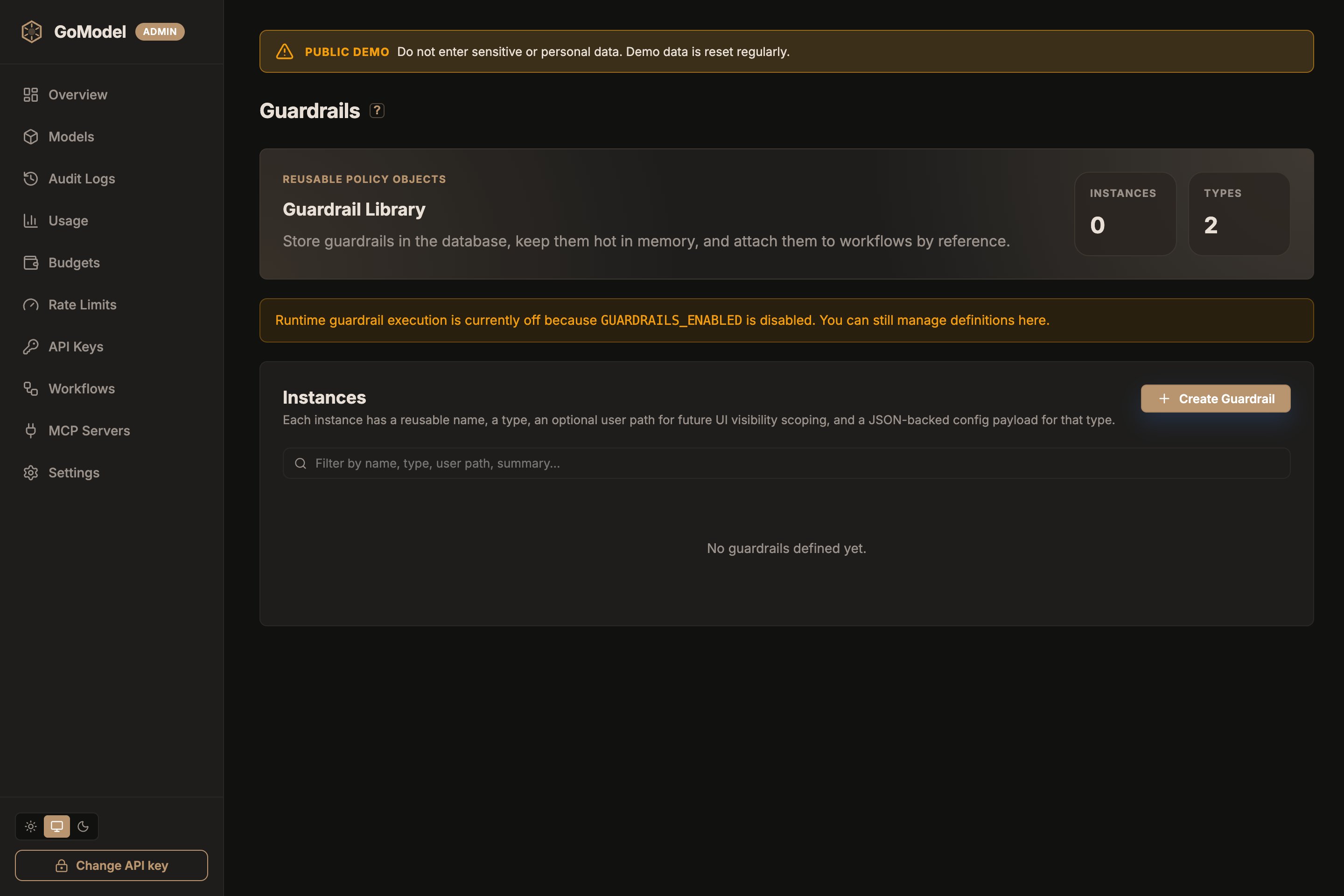 GoModel dashboard Guardrails page with a Guardrail Library summary card and an empty Instances list with a Create Guardrail button