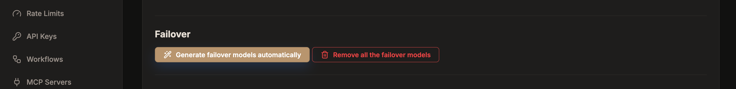 GoModel dashboard Settings page Failover section with Generate failover models automatically and Remove all the failover models buttons