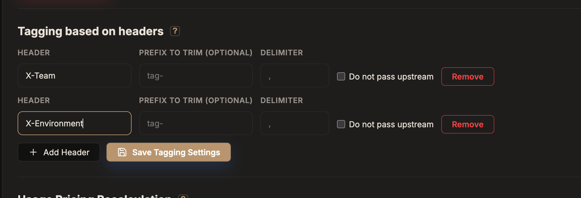 GoModel dashboard Settings page Tagging based on headers form with two header rows (X-Team, X-Environment) and prefix, delimiter, and do-not-pass-upstream fields