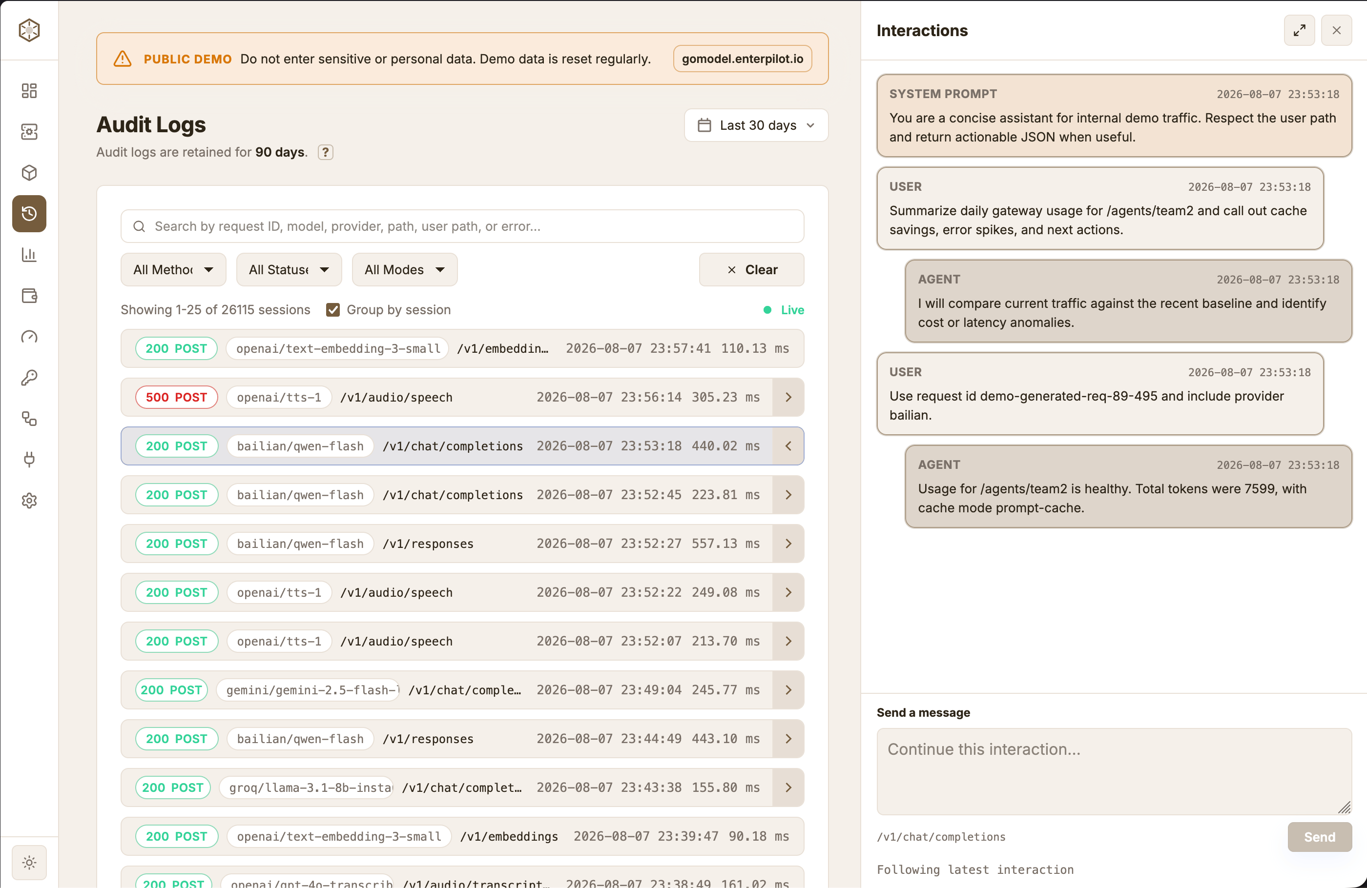 GoModel AI gateway audit logs dashboard