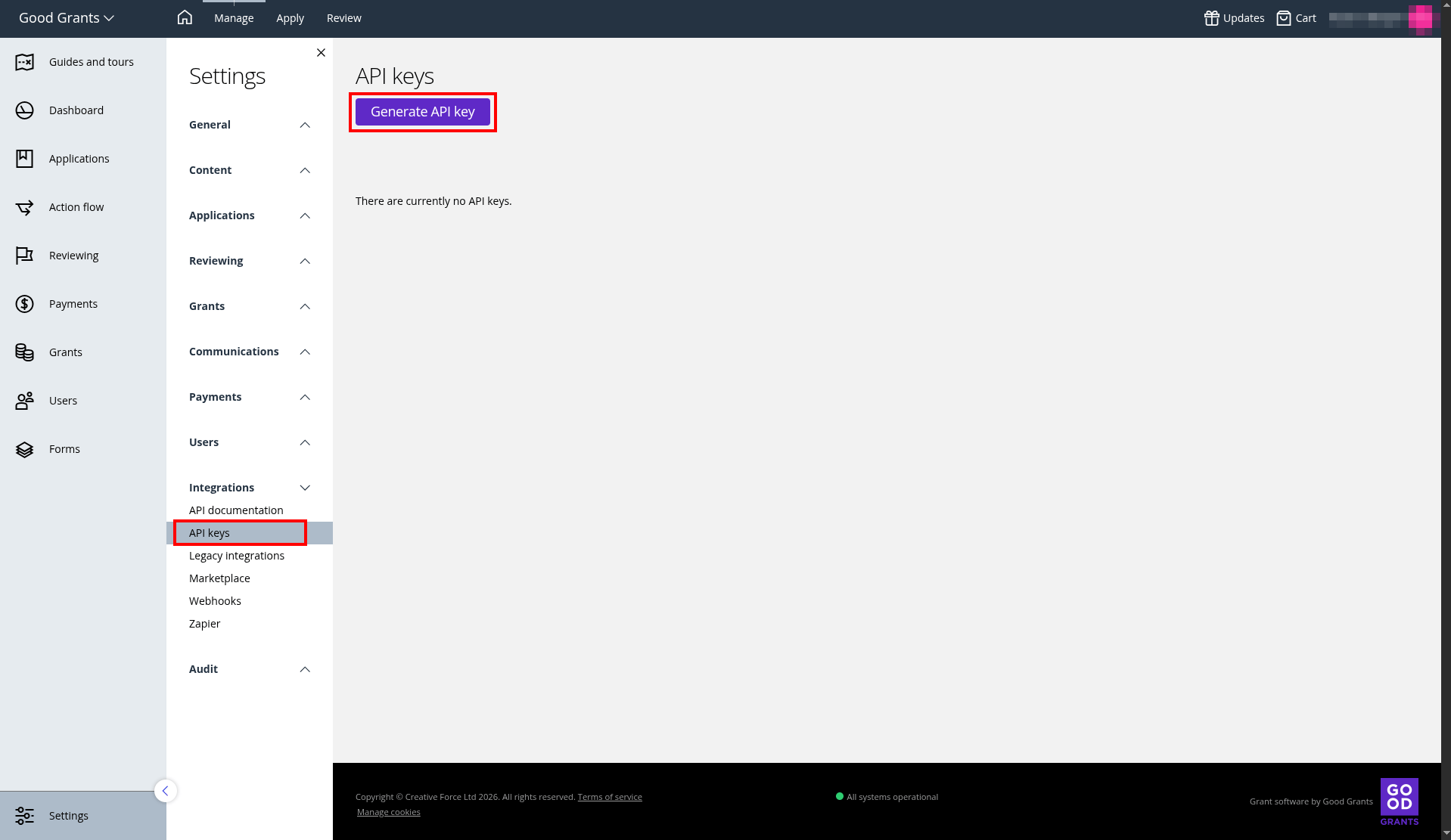 Generate API key in dashboard