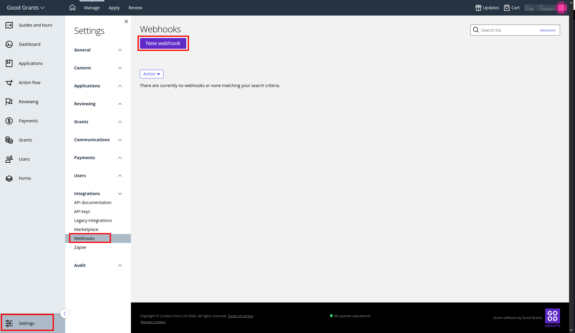 Create webhook in dashboard