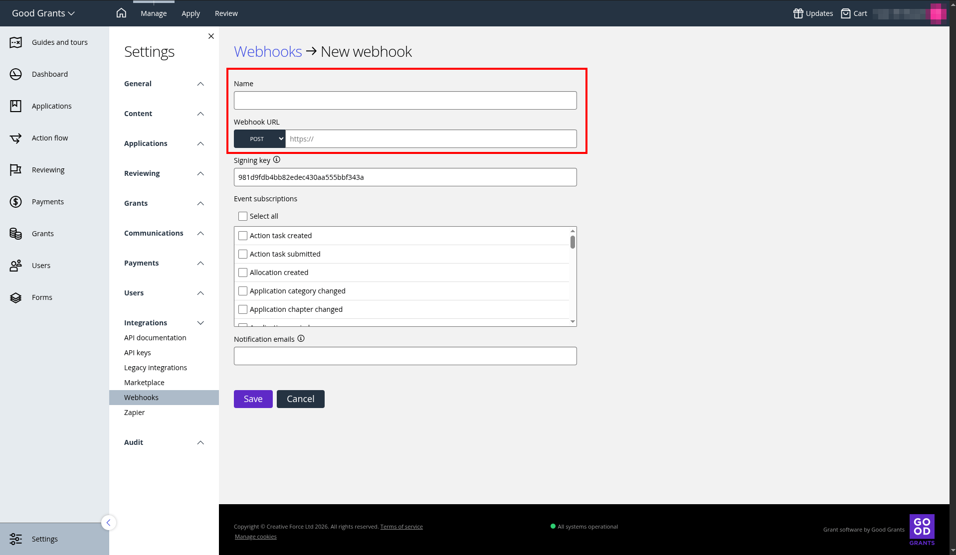 Enter a name and the webhook URL