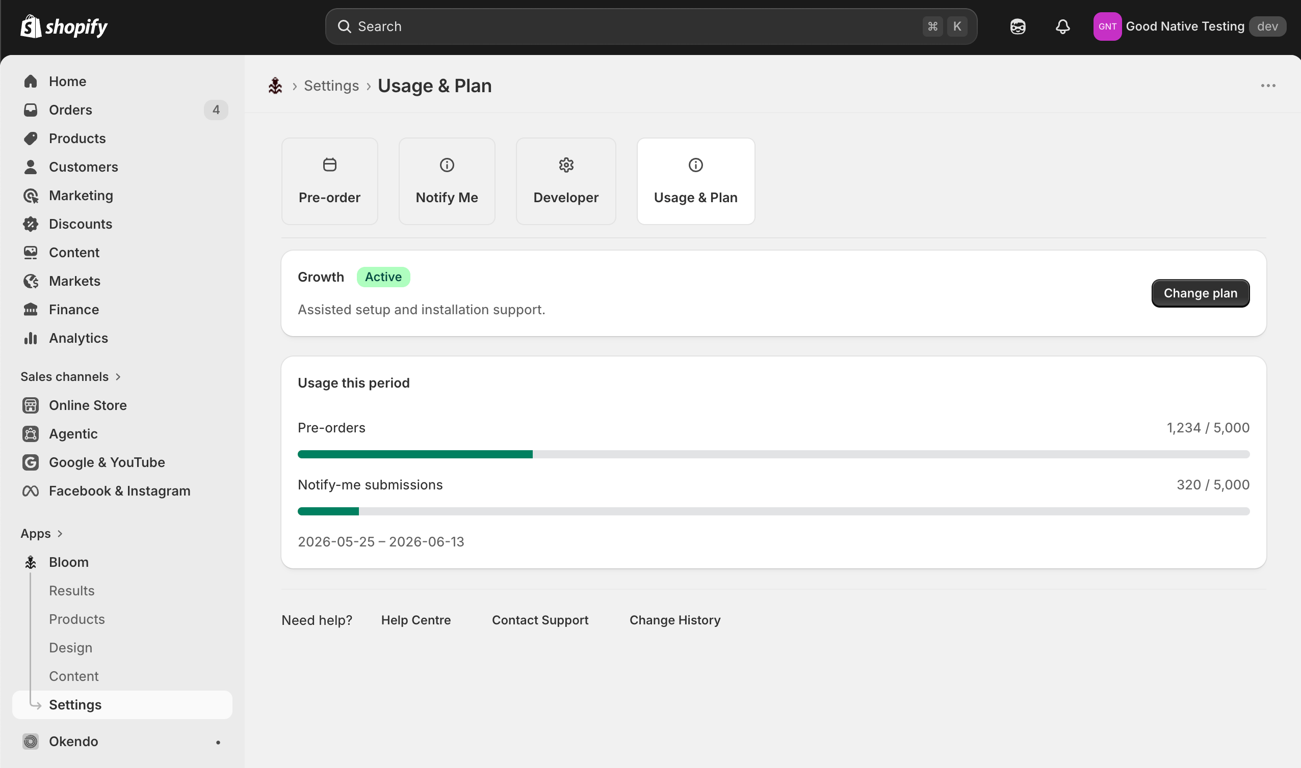 Bloom Usage & Plan settings showing current plan and monthly usage