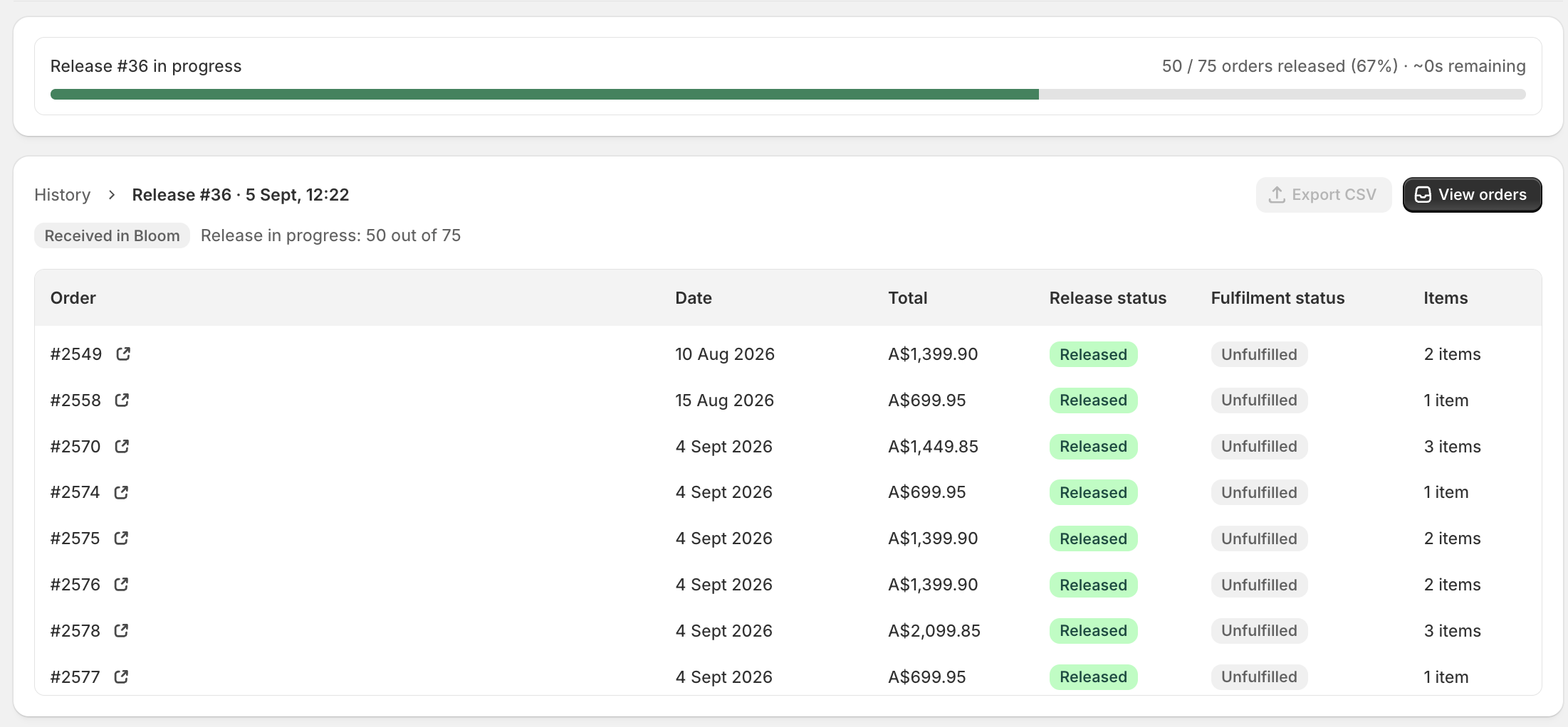 Release in progress showing 50 of 75 orders released