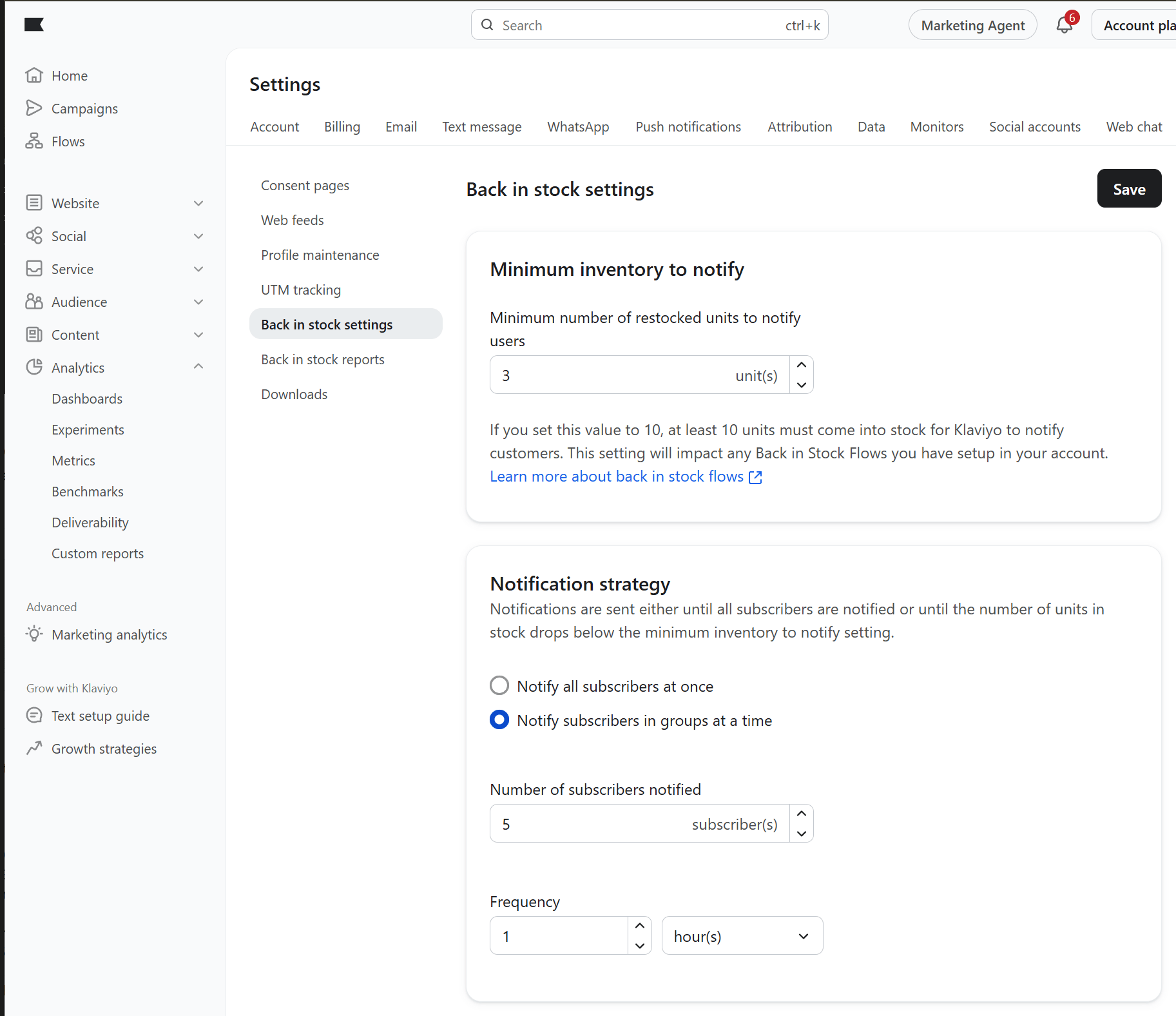 Klaviyo Notify Me Settings