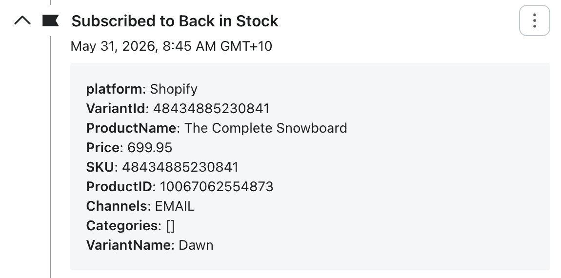 Back in stock event
