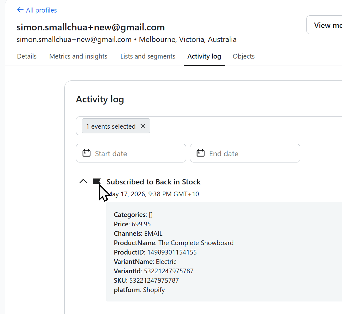 Klaviyo Notify Me Metrics Activity Detail