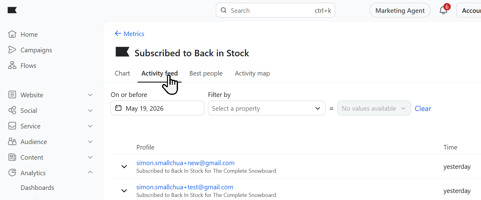 Klaviyo Notify Me Metrics Activity