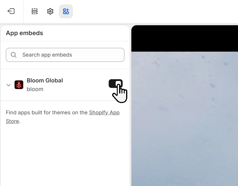 Theme editor App embeds panel with Bloom enabled