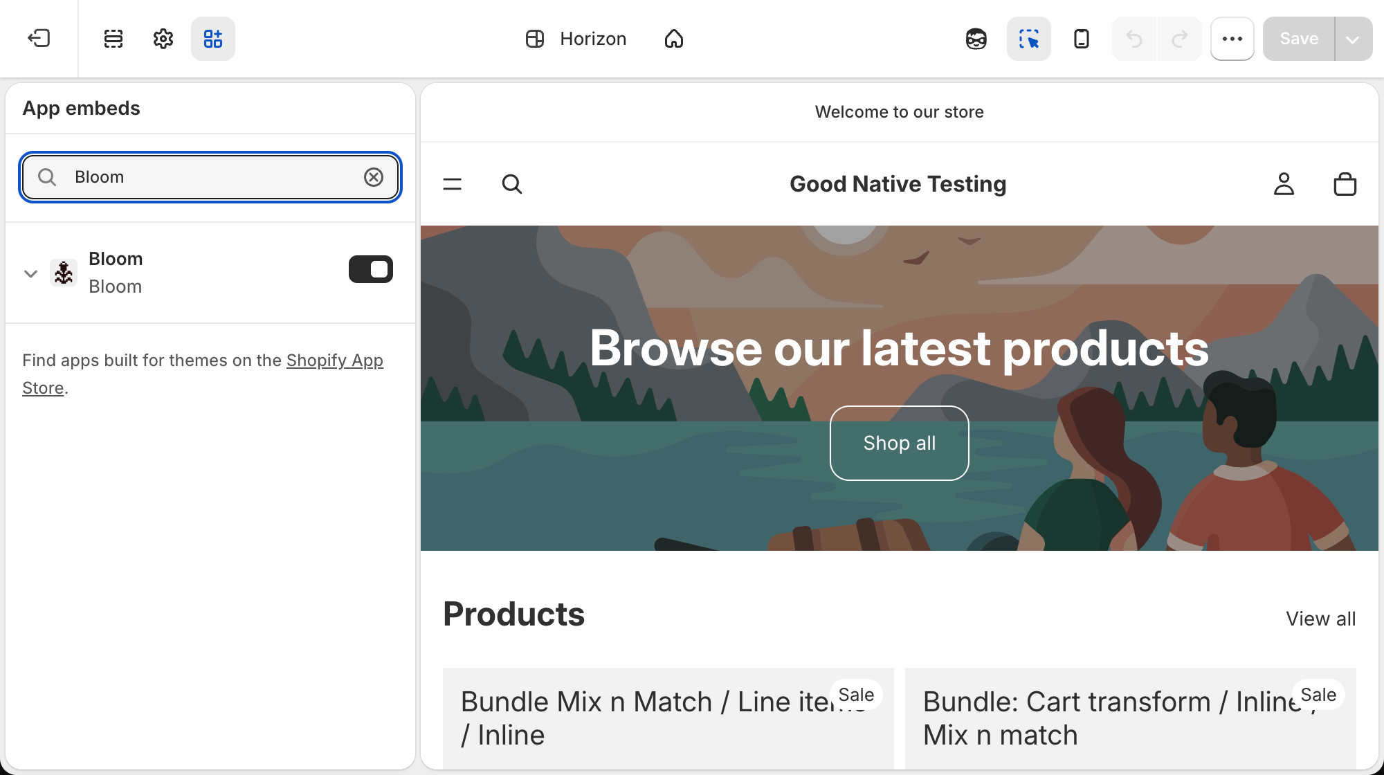 Theme editor App embeds panel with Bloom enabled