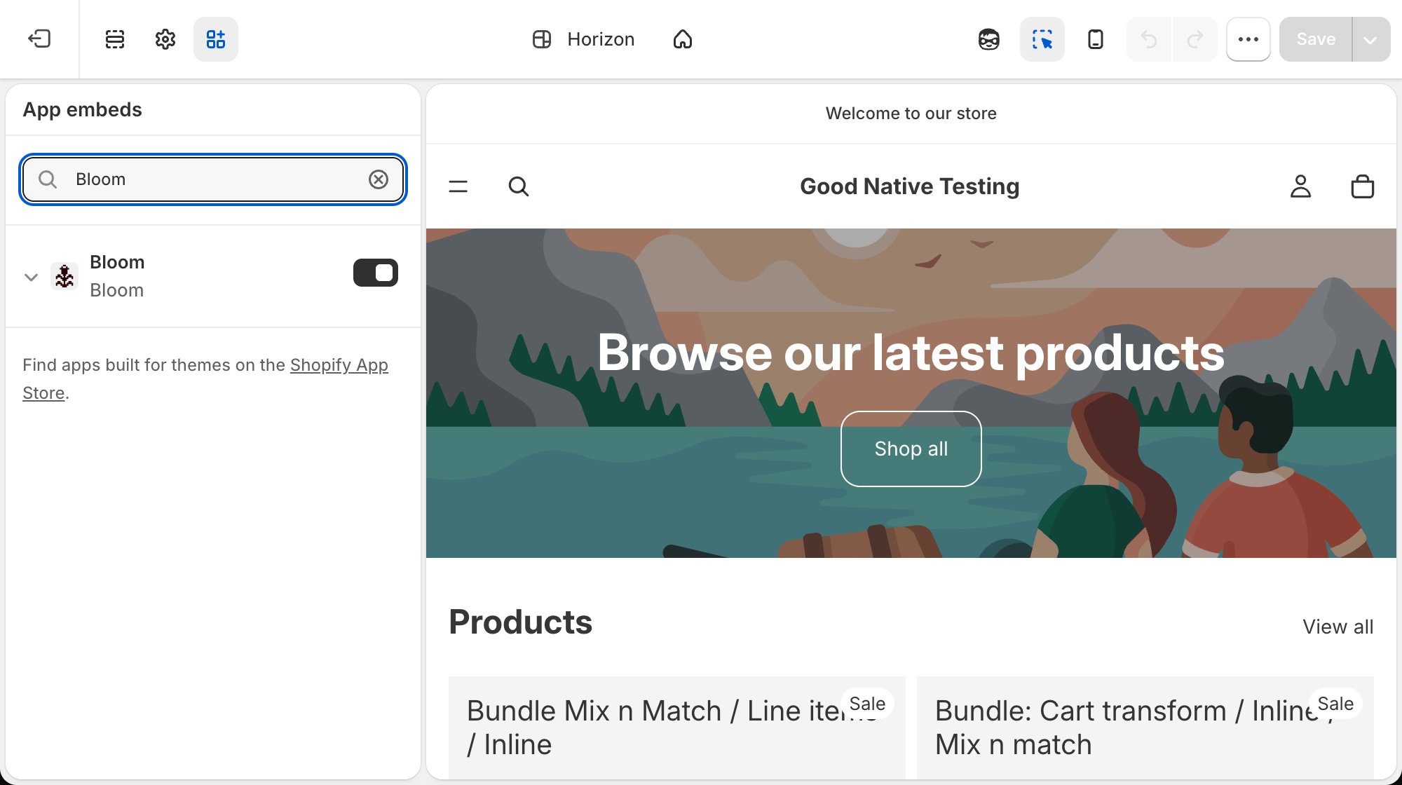 Theme editor App embeds panel with Bloom enabled