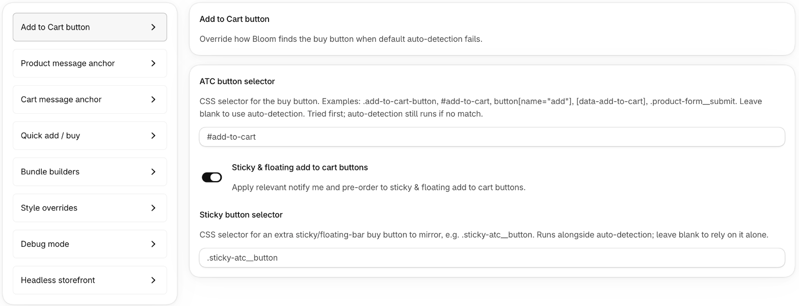 Add to Cart button selector in Advanced settings