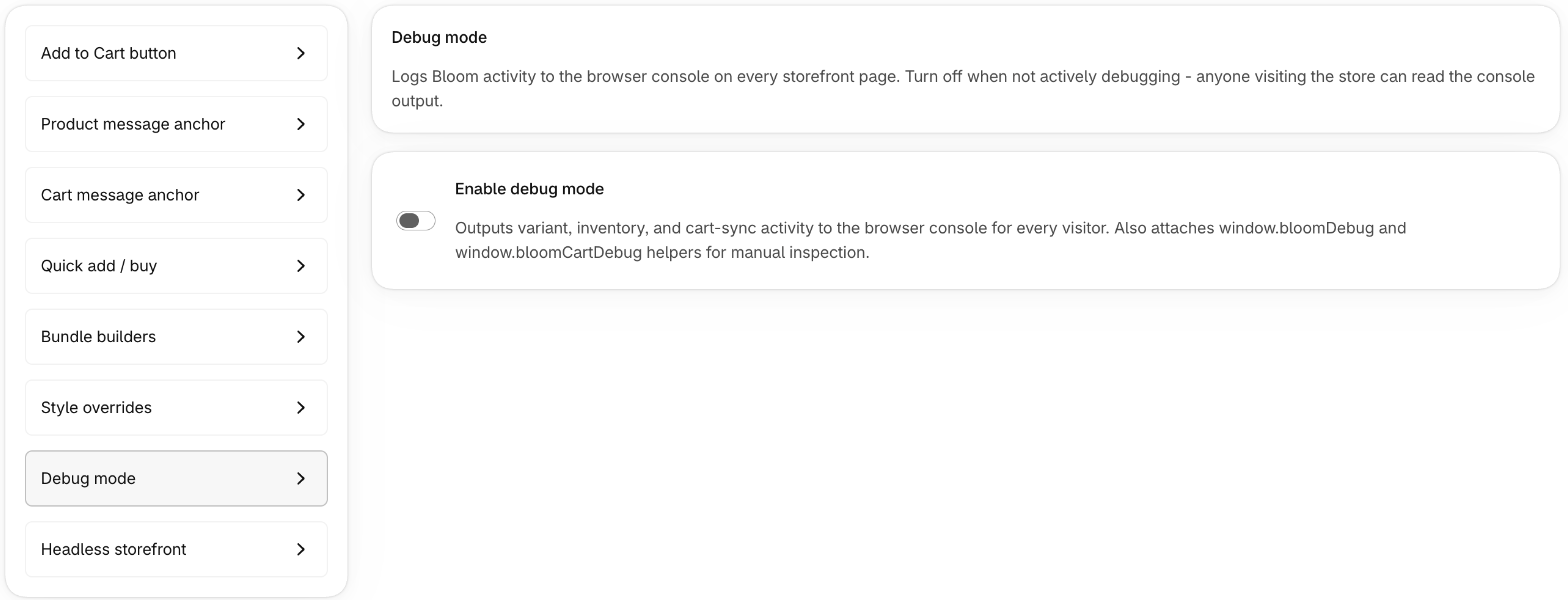Debug mode toggle in Advanced settings
