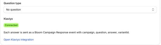 Question type and Klaviyo card on the Campaign tab