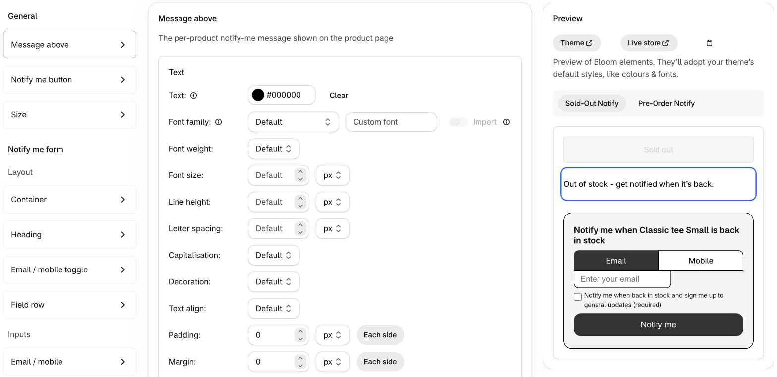 Notify Me design editor
